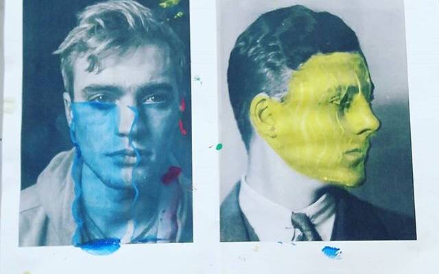 Two black & white photos of different men. Man on left: messy hair, wearing a hoodie with a blue colour splash across the photo. Man on right: neatly gelled hair, wearing a suit with a yellow colour splash neatly framing his face