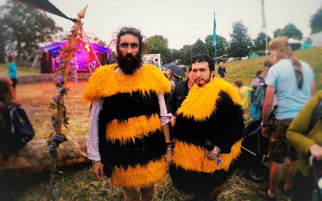 Photo: two men dressed up as bumble bees looking seriously into the camera