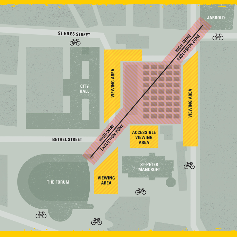 A map of the Market, Forum & City Hall indicating viewing areas for the Norfolk & Norwich Festival 2019 launch.