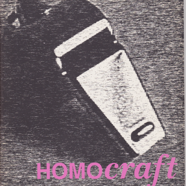 HOMOcraft exhibition programme cover: a close up, fuzzy black and white image of a razor features the words 'HOMOcraft' written in pink font at the bottom-right of the cover. 