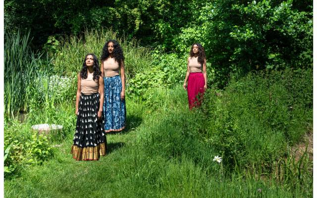 Three women stand in a garden.