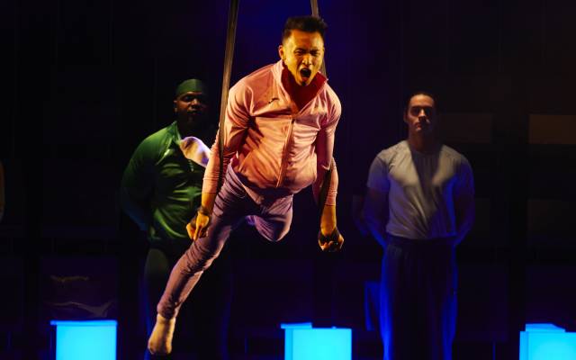 A circus performer dives forward in a harness.