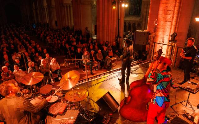 An audience watch a live band, featuring a drummer double bassist, and singer.